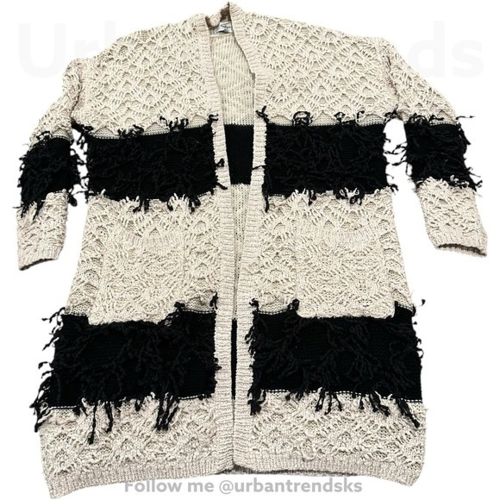 Black and Cream White Stripe Shaggy Open front Long Cardigan S/M knee length
